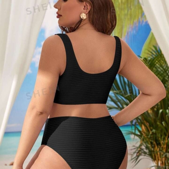 NWB SHEIN Plus Textured Bikini Set V Wired Bra Top & High Waisted 2 Piece - Picture 2 of 16